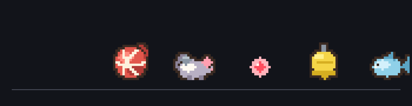 Brinquedos pixel art: novelo, mouse, laser, sino e peixe