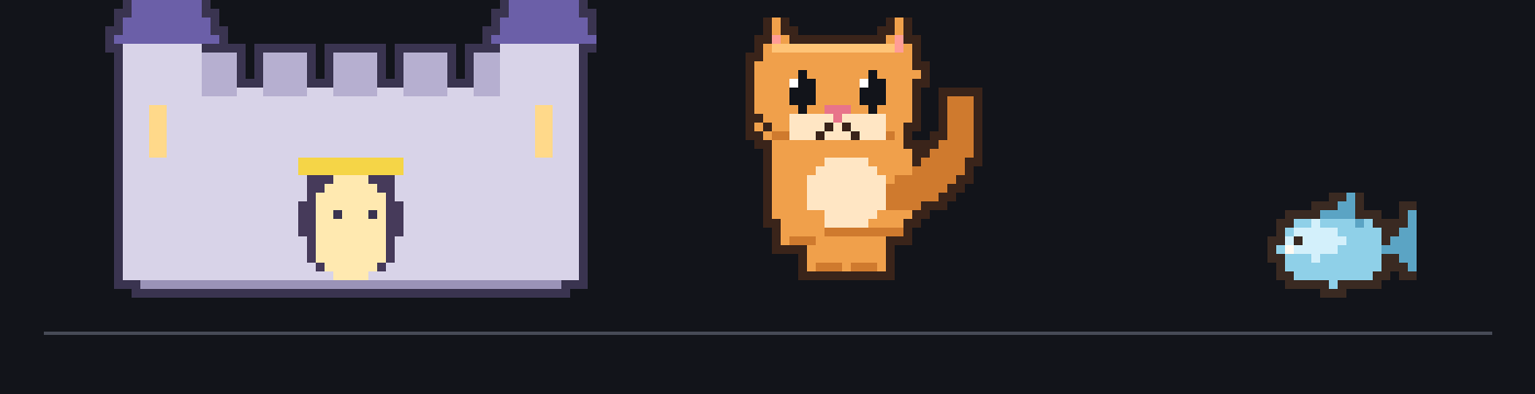 Castelo, gato andando e peixe na linha do chão